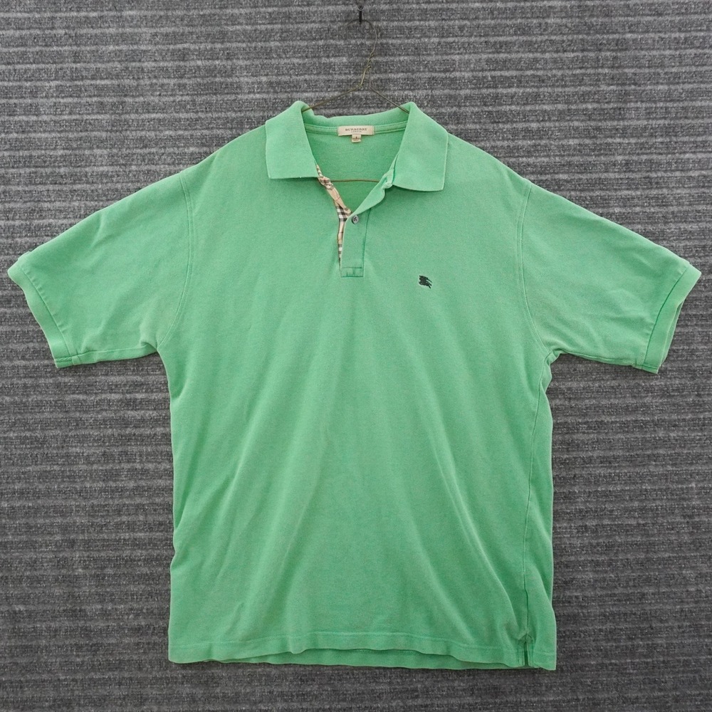 Burberry London Polo Shirt Mens Large Green Nova Check Placket Short Sleeve Logo